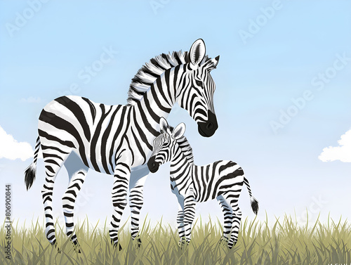 A cute cartoon zebra mother and baby 