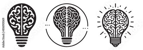 A stylized light bulb with a human brain, ideas, a thought process. A set of vector logos for psychology, scientific, medical research