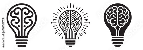 A stylized light bulb with a human brain, ideas, a thought process. A set of vector logos for psychology, scientific, medical research