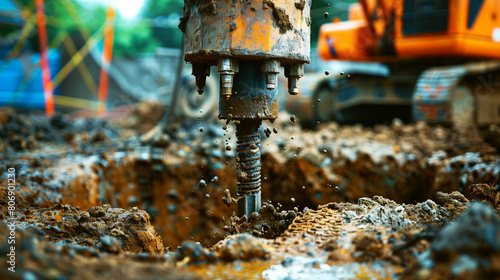 Close-up view of an industrial drilling machine in action at a construction site, digging into muddy soil.