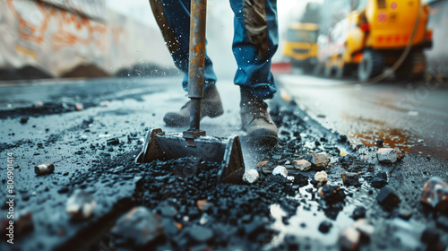 Close-up image of a worker using a roadwork tool on asphalt with dynamic action and splashes. photo