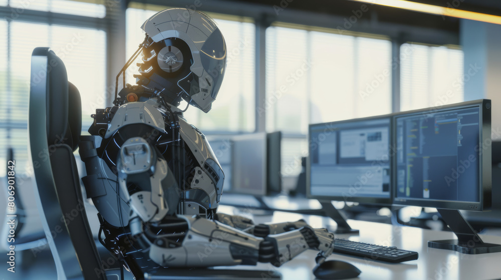 Futuristic robot sits at a desk surrounded by monitors, resembling a human employee taking a break. Futuristic robot sits at a desk surrounded by monitors, resembling a human employee taking a break.