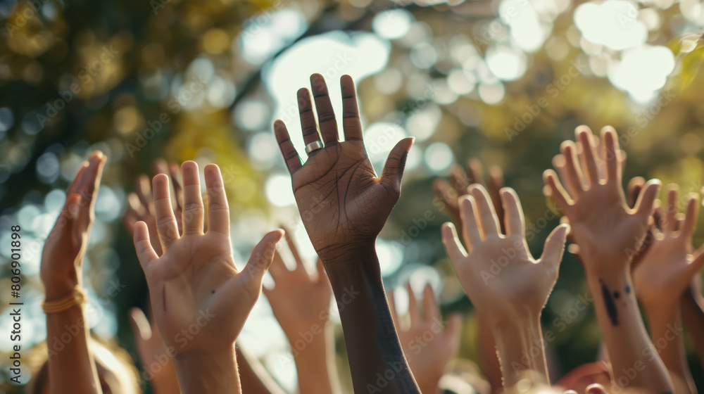 A unified show of hands reaching for the sky in a display of diversity and solidarity. A unified show of hands reaching for the sky in a display of diversity and solidarity.