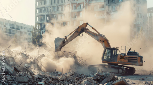 Powerful construction machinery demolishes an old building amid a cloud of dust and debris. photo