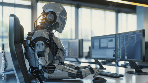 Futuristic robot sits at a desk surrounded by monitors, resembling a human employee taking a break.