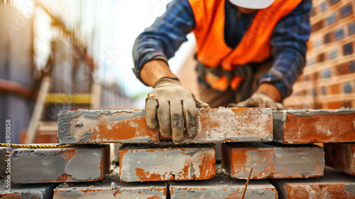 Close-up of a construction worker laying bricks at a construction site with a focus on hands and tools.