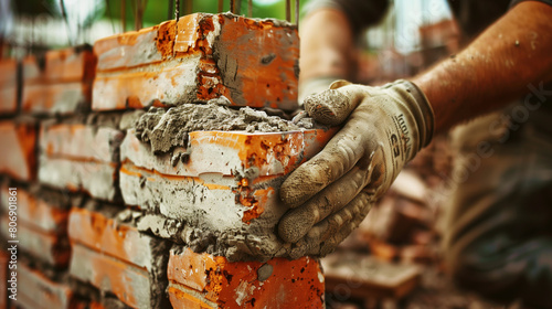Close-up shot of a construction worker's hands applying cement mortar between brick layers.