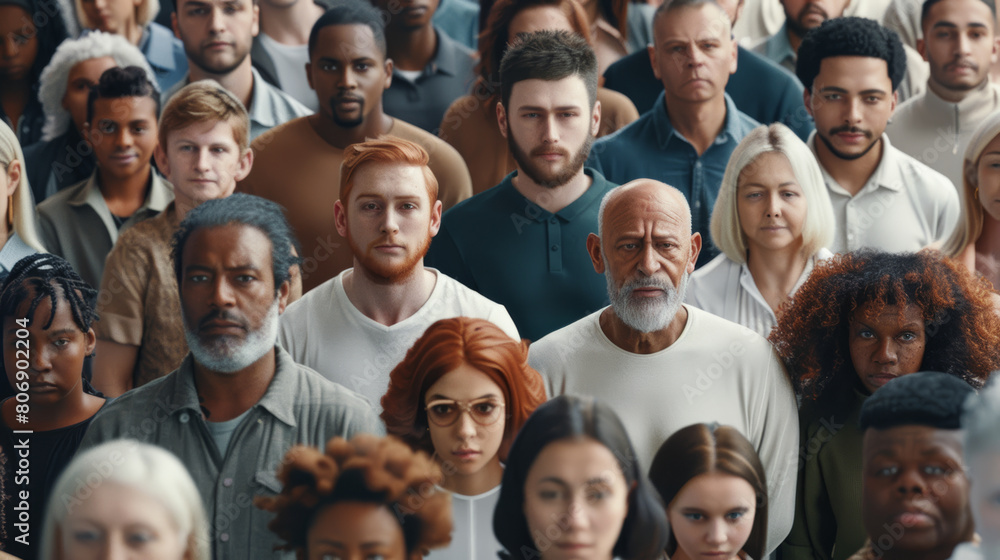 A diverse crowd gazes forward with neutral expressions, epitomizing plurality. A diverse crowd gazes forward with neutral expressions, epitomizing plurality.