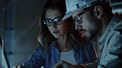 Two engineers, deep in focus, collaborate on a project late into the night. © VK Studio