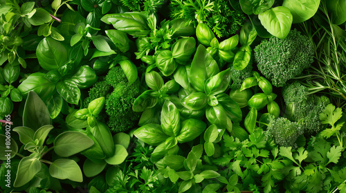 A vibrant selection of fresh herbs and greens including basil, parsley, and broccoli. photo