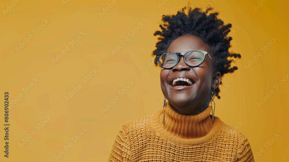 Bright laughter illuminates the face of a woman in yellow. Bright laughter illuminates the face of a woman in yellow.