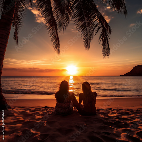 Romantic lesbian couple on beach at sunset © Kokhanchikov