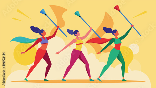 A group of baton twirlers creating a vibrant display of colors as they twirl their batons in the sunlight.. Vector illustration photo