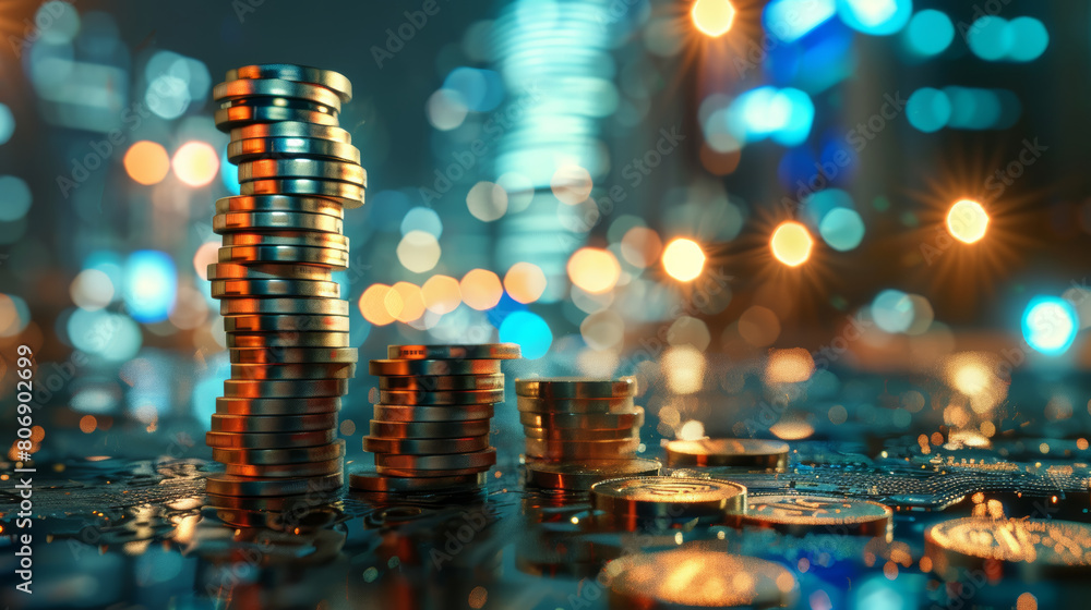 Shimmering crypto coins and stacks on a digital circuit board. Shimmering crypto coins and stacks on a digital circuit board.