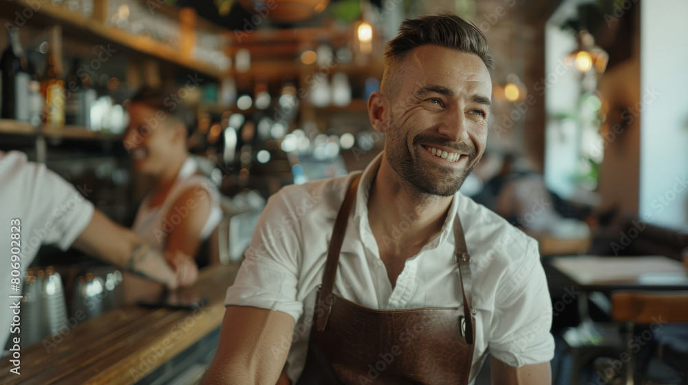 Cheerful barista in an apron smiling warmly in a bustling cafe environment. Cheerful barista in an apron smiling warmly in a bustling cafe environment.