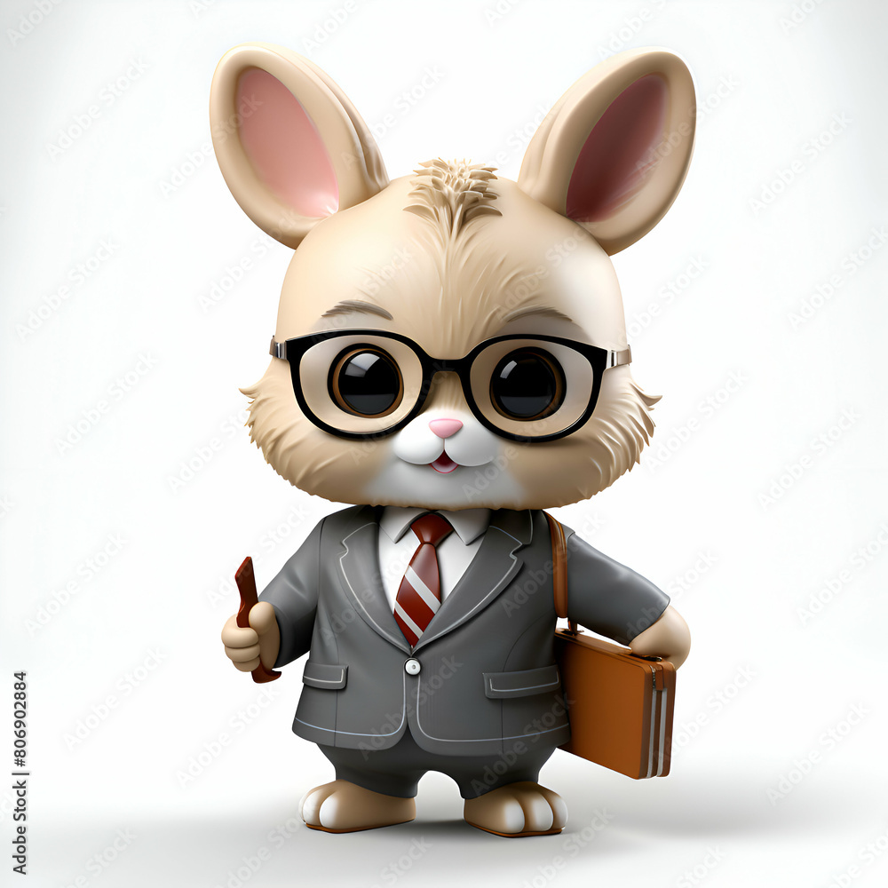 3d rendering of a cute bunny with glasses and a briefcase
