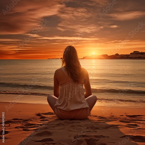 Young woman sitting on the sea beach at sunset. Generative AI.
