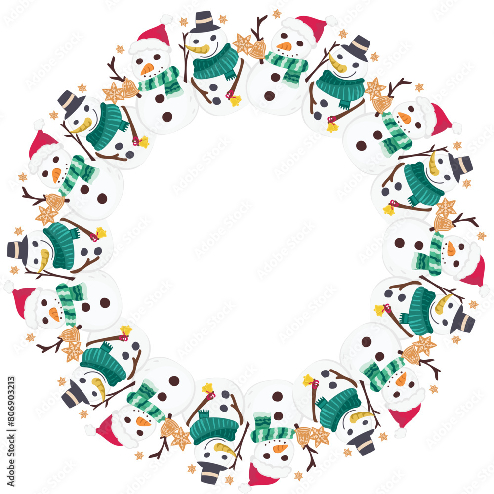 Christmas snowman wreath frame illustration on transparent background.

