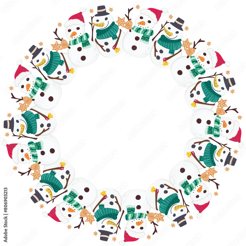 Christmas snowman wreath frame illustration on transparent background.
Christmas snowman wreath frame illustration on transparent background.
