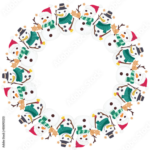 Christmas snowman wreath frame illustration on transparent background. 