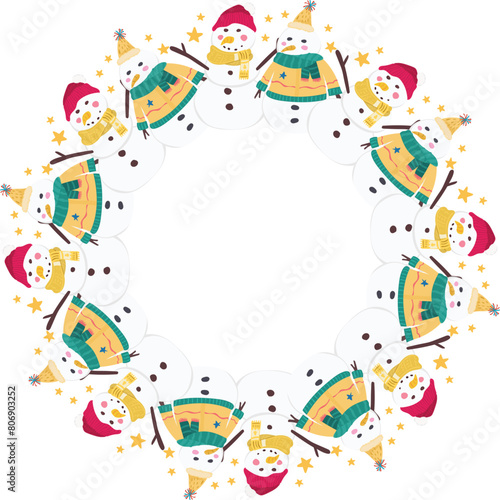 Beautiful christmas snowman wreath on transparent background.
