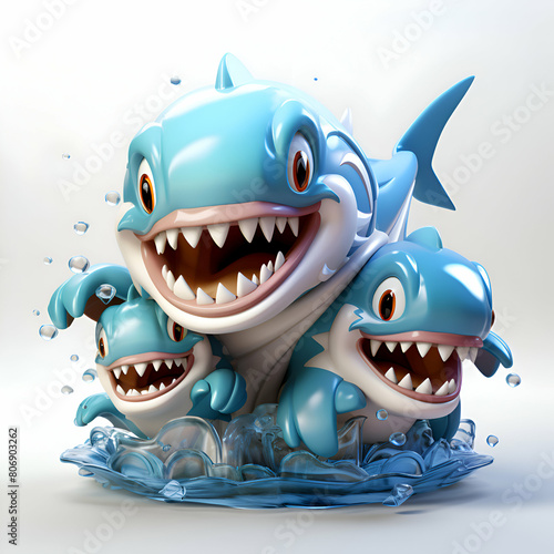 Cartoon monster with shark and shark on white background   3D illustration