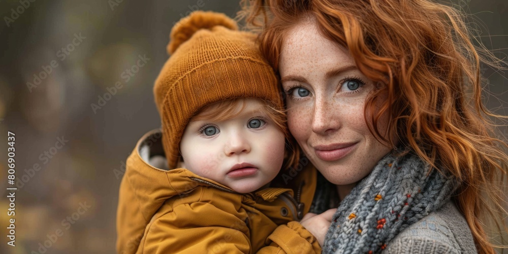 Obraz premium Happy young redhead mom hold in hands baby. ai generated