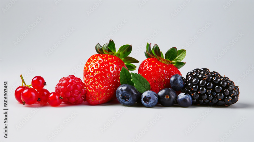 Assortment of fresh berries with dew drops on a light gray background, featuring strawberries, blueberries, and more. Assortment of fresh berries with dew drops on a light gray background, featuring strawberries, blueberries, and more.