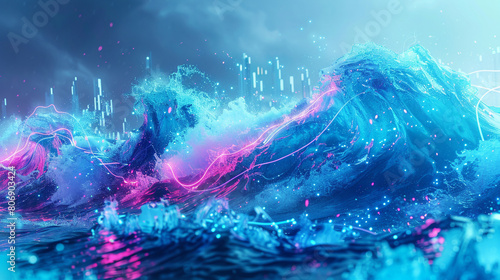  Dynamic electric blue waves crashing with vibrant neon pink and blue splashes, reminiscent of neon lights in a futuristic cityscape on a white background 