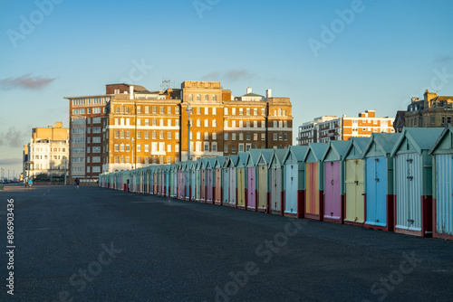 A Row of Beach Huts on the coast of Brighton beach. England