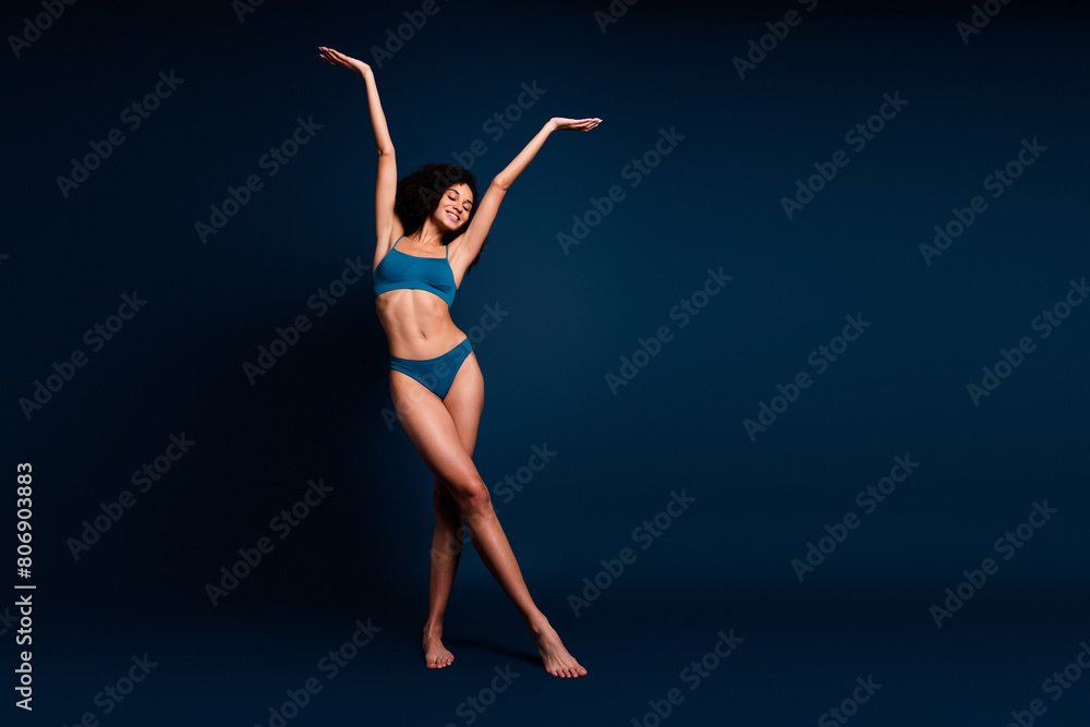 No retouch photo of pretty lady underwear lingerie dancing enjoying self acceptance empty space isolated blue color background