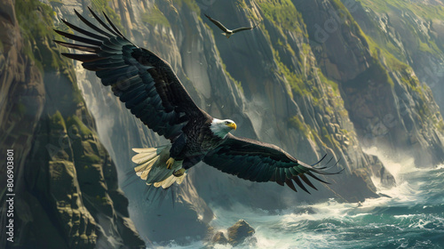 Noble bald eagle soaring majestically over a pries photo