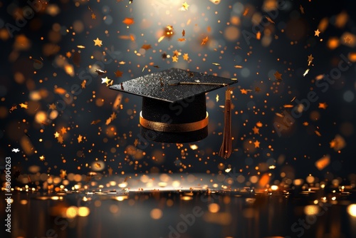 Elegant black graduation cap surrounded by glittering confetti and stars in celebration photo