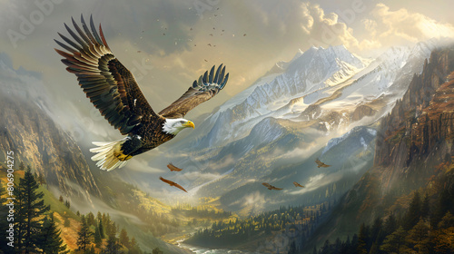 Noble bald eagle soaring majestically over a pries