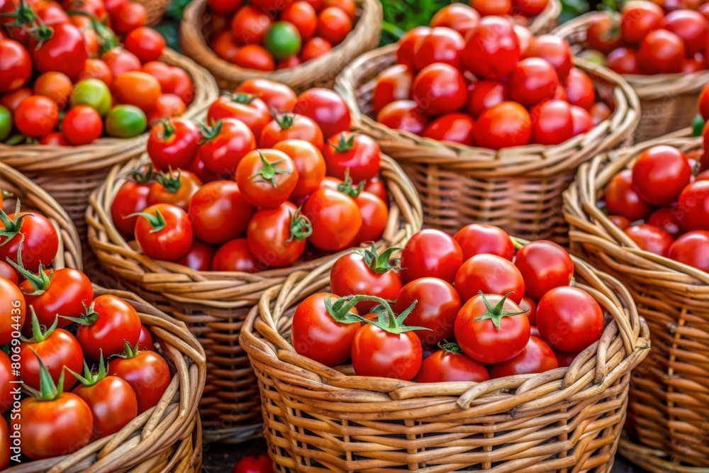 fresh red tomatoes in baskets at the market. fresh red tomatoes in baskets at the market.