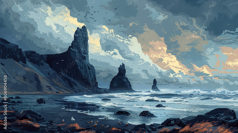 Strand mit Felsen und bunten Wolken, Licht Strand mit Felsen und bunten Wolken, Licht