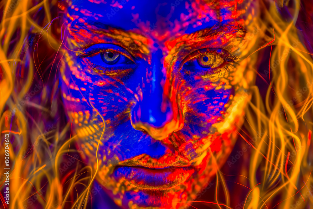 AI generated illustration of a portrait of a young woman in vibrant neon lights