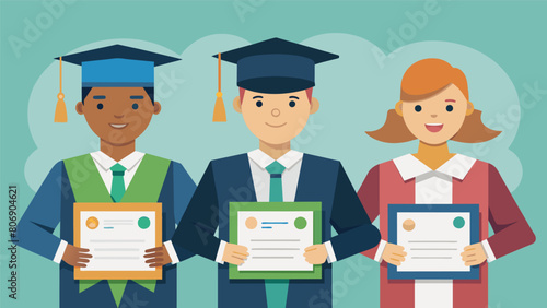 A picture of a group of trade school graduates proudly showcasing their certificates with the words Ready for the workforce and debtfree.. Vector illustration