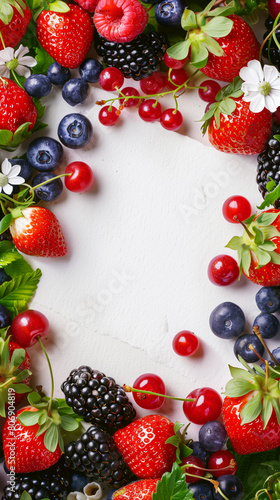 Vibrant and fresh berries arranged on a white background with copy space in the middle.