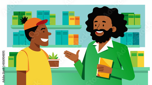 In the reggae section a customer excitedly shares their knowledge of the genre with the owner who nods along with a smile. Vector illustration