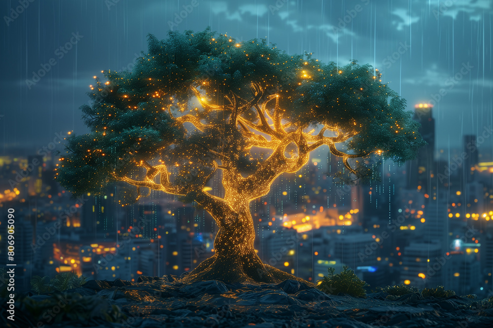 Fototapeta premium Illustration of beautiful glowing tree growing on cities representing digital technology in studio, 3D illustration