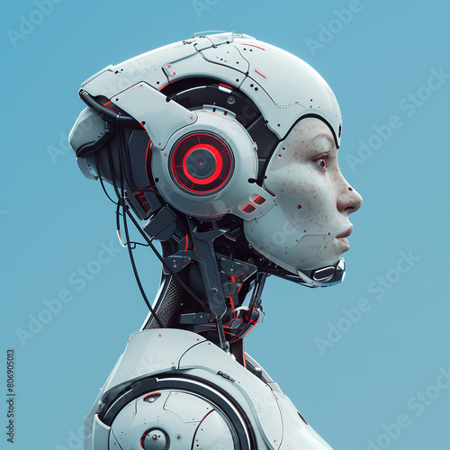 Side view of robot female on blue background while created with futuristic technology with wires connected from body to head, 3D illustration © Anna
