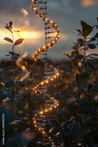 A 3D holographic projection of a DNA strand within a crop field  symbolizing the genetic enhancement of plant  3D illustration