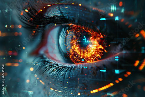Hacker or robot eye in dark tech space, cyborg vision on digital background. Concept of cyber security, technology, future, data, artificial intelligence, hack, network, 3D illustration © Anna