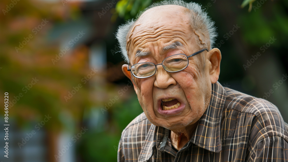 怒っている日本人の老人 怒っている日本人の老人