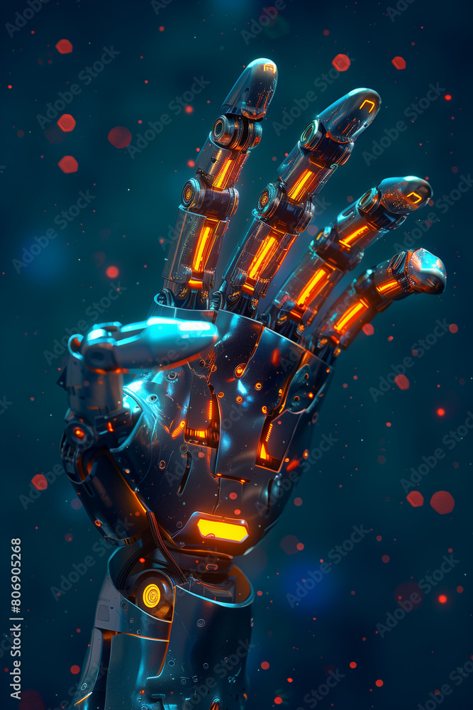 Naklejka premium Touch of technology, robot hand on dark background, 3D illustration