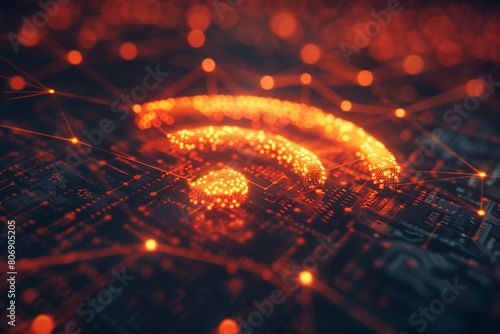 Wireless technology concept with wifi symbol against a futuristic, orange digital grid background. Network tech wallpaper, 3D illustration