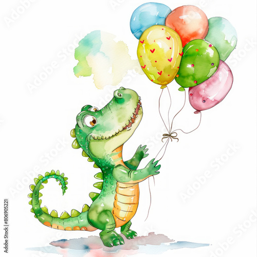 Cute crocodile character with balloons for a Happy Birthday greeting card.
