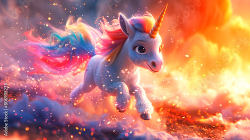 Magical world with cute little unicorn with a rainbow mane on a fairytale epic background. © Margaryta