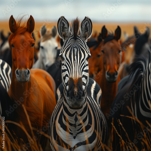 Standing out from the crowd concept with zebra in heard of horses